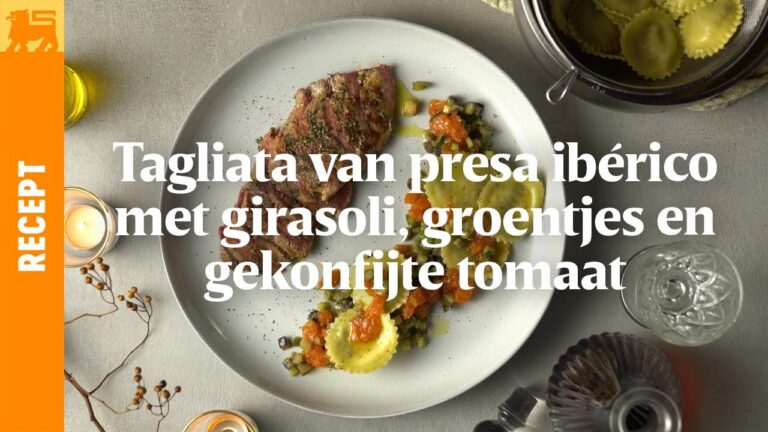 Tagliata van presa ibérico met girasoli, groentjes en gekonfijte tomaat